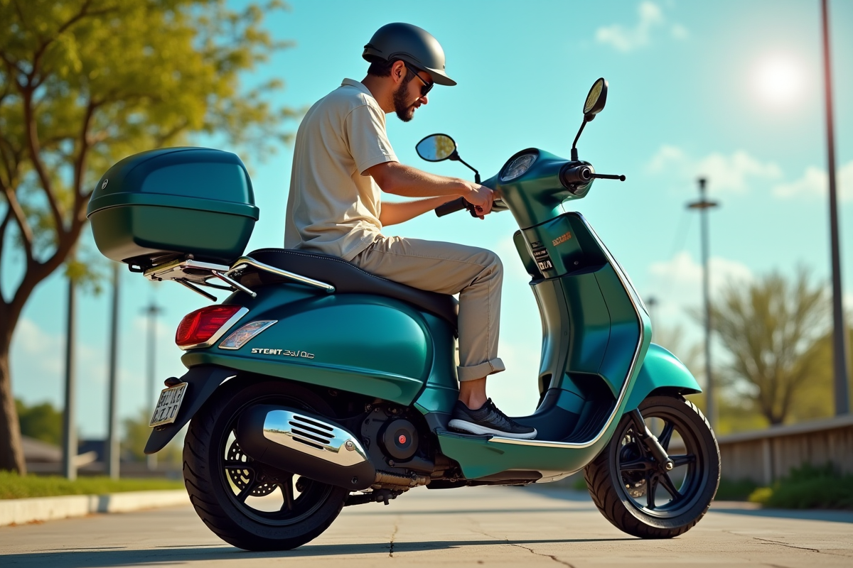 Scooter 50cc garé en extérieur avec un cycliste pointant le système d