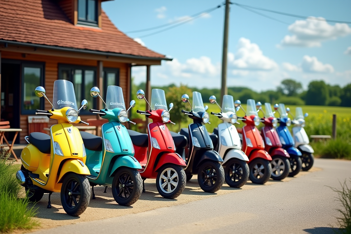 Ligne de scooters 50cc colorés devant un café à la campagne