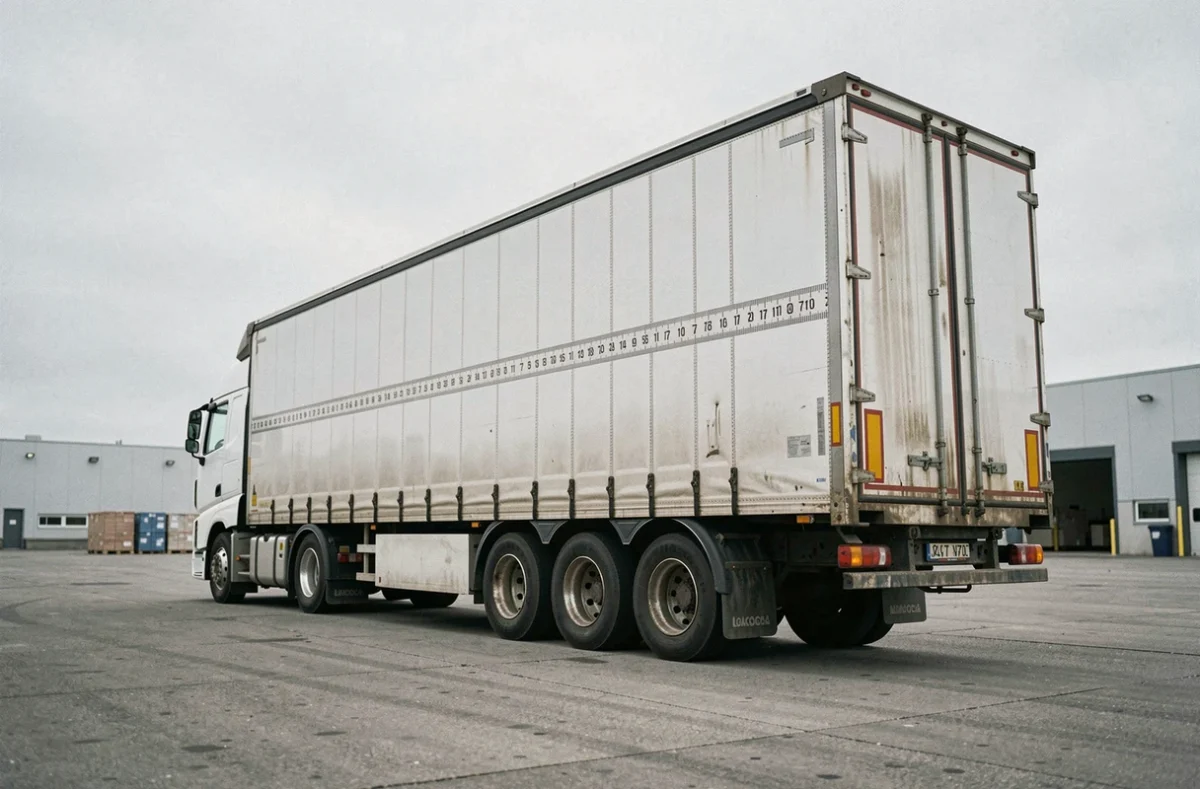Semi-remorque 44 tonnes garé dans une cour logistique, vue grand angle montrant la longueur totale du véhicule