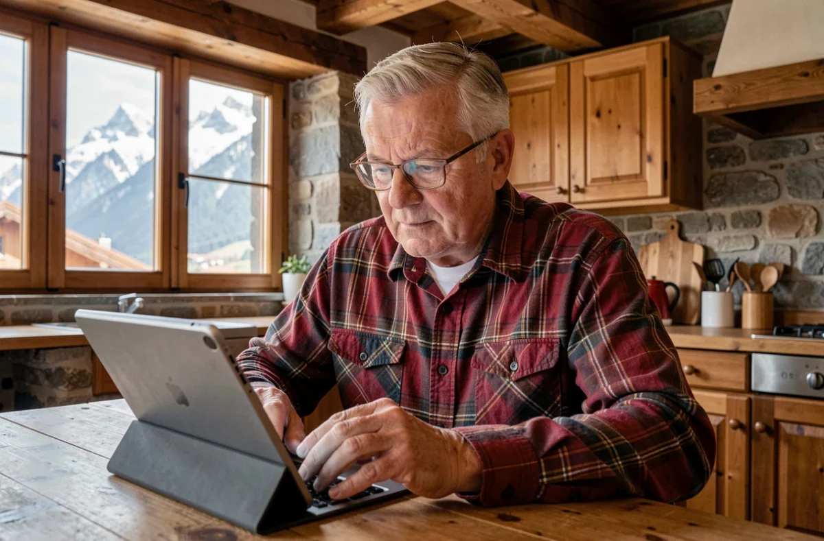 Senior consultant un comparateur d'assurance auto sur tablette dans un chalet près d'Annecy