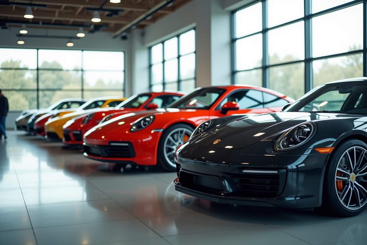 Ligne de modèles Porsche anciens et modernes en showroom