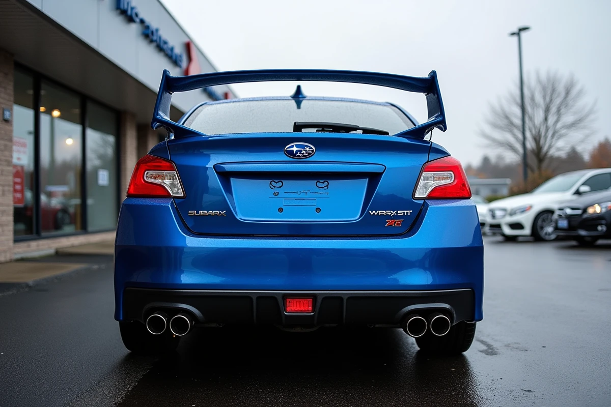 Subaru WRX STI d'occasion équipée du PRODRIVE Performance Pack en vente chez un concessionnaire, légères traces d'usure visibles sur la carrosserie et les jantes