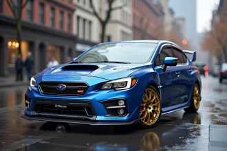 Subaru WRX STI avec pack PRODRIVE Performance Pack garée sous la pluie en milieu urbain, vue trois quarts avant mettant en valeur le splitter et les jantes BBS dorées