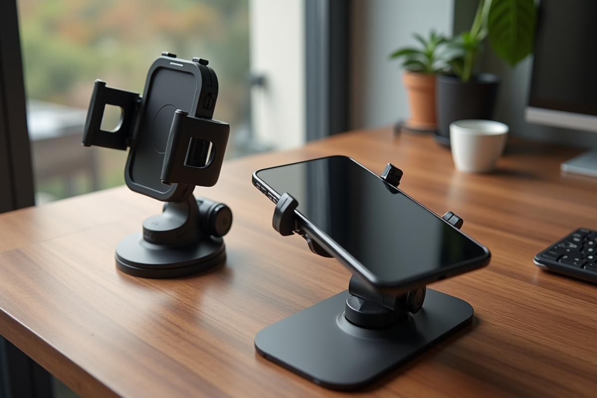 Support smartphone Quadlock et Rokform sur bureau avec accessoires