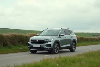 SUV familial moderne garé sur une route de campagne, vue trois-quarts avant mettant en valeur son design aérodynamique et sa polyvalence