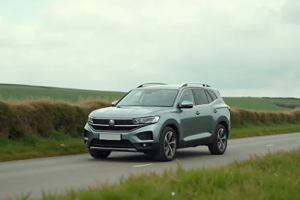 SUV familial moderne garé sur une route de campagne, vue trois-quarts avant mettant en valeur son design aérodynamique et sa polyvalence
