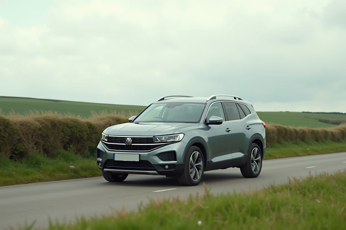 SUV familial moderne garé sur une route de campagne, vue trois-quarts avant mettant en valeur son design aérodynamique et sa polyvalence