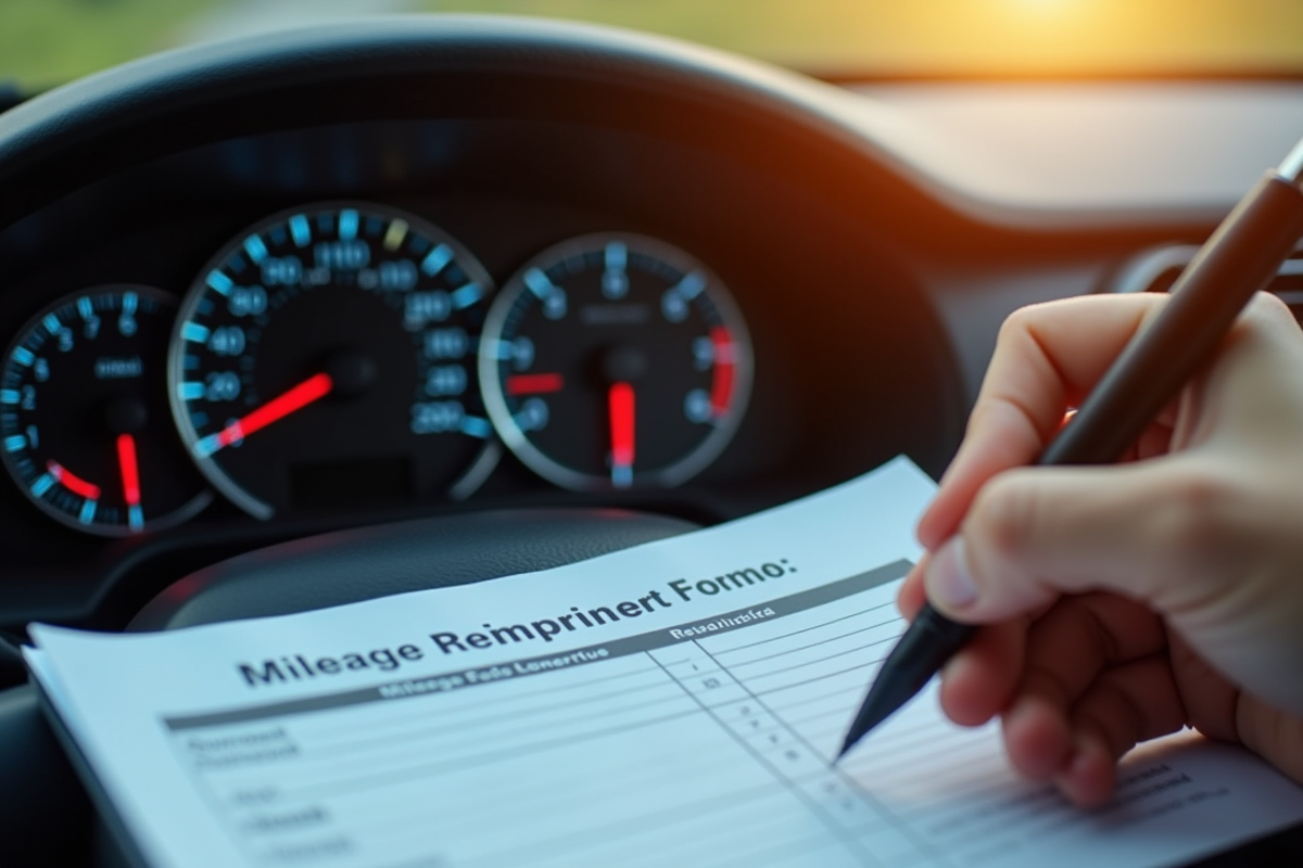 Prise de notes sur un formulaire de remboursement kilométrique dans la voiture