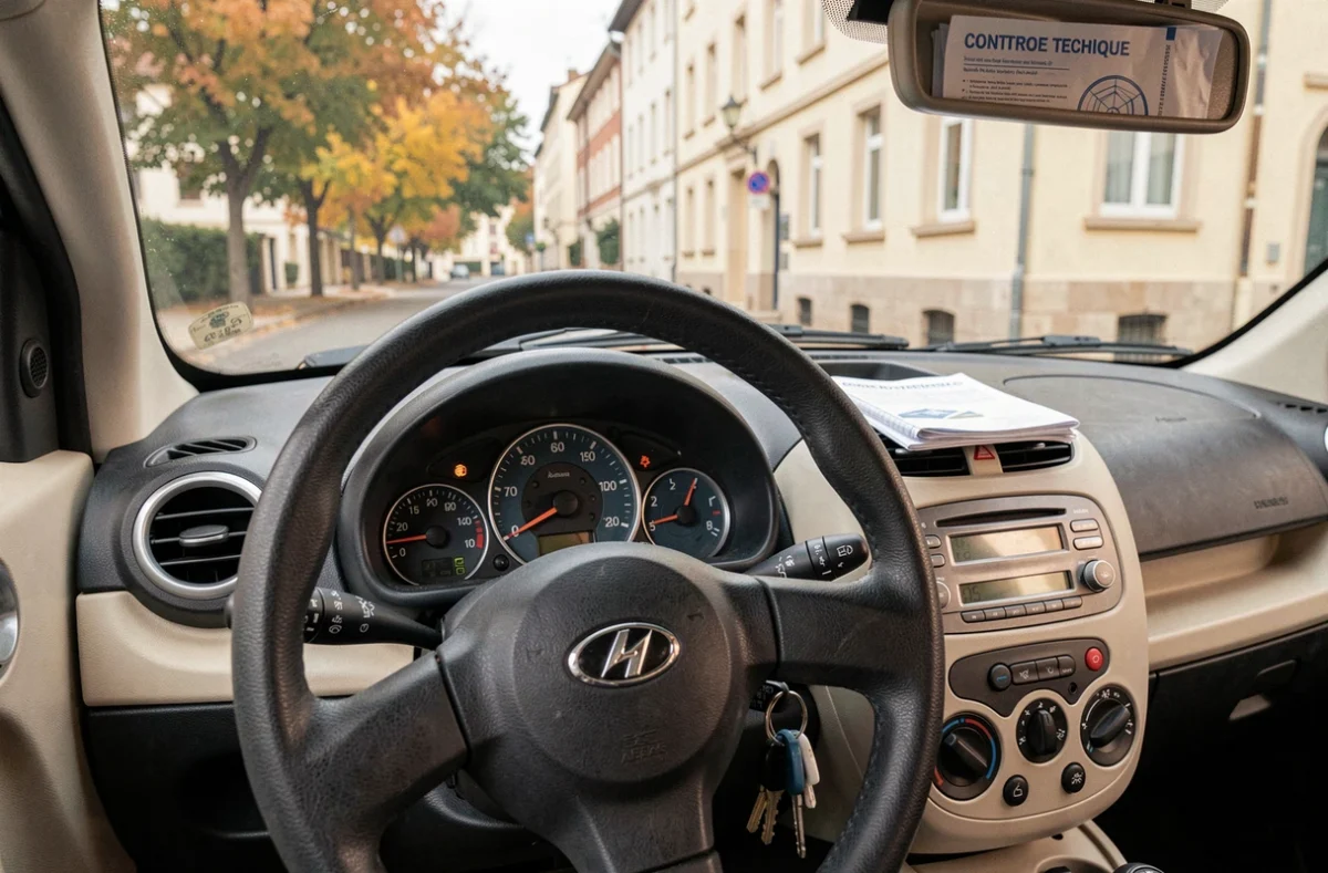 Tableau de bord et clés d'une voiture sans permis d'occasion avec contrôle technique visible