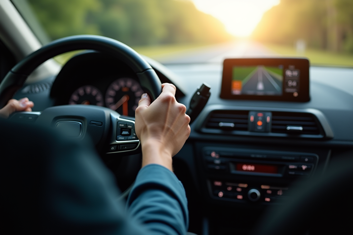 Gros plan sur le tableau de bord avec GPS et mains sur le volant