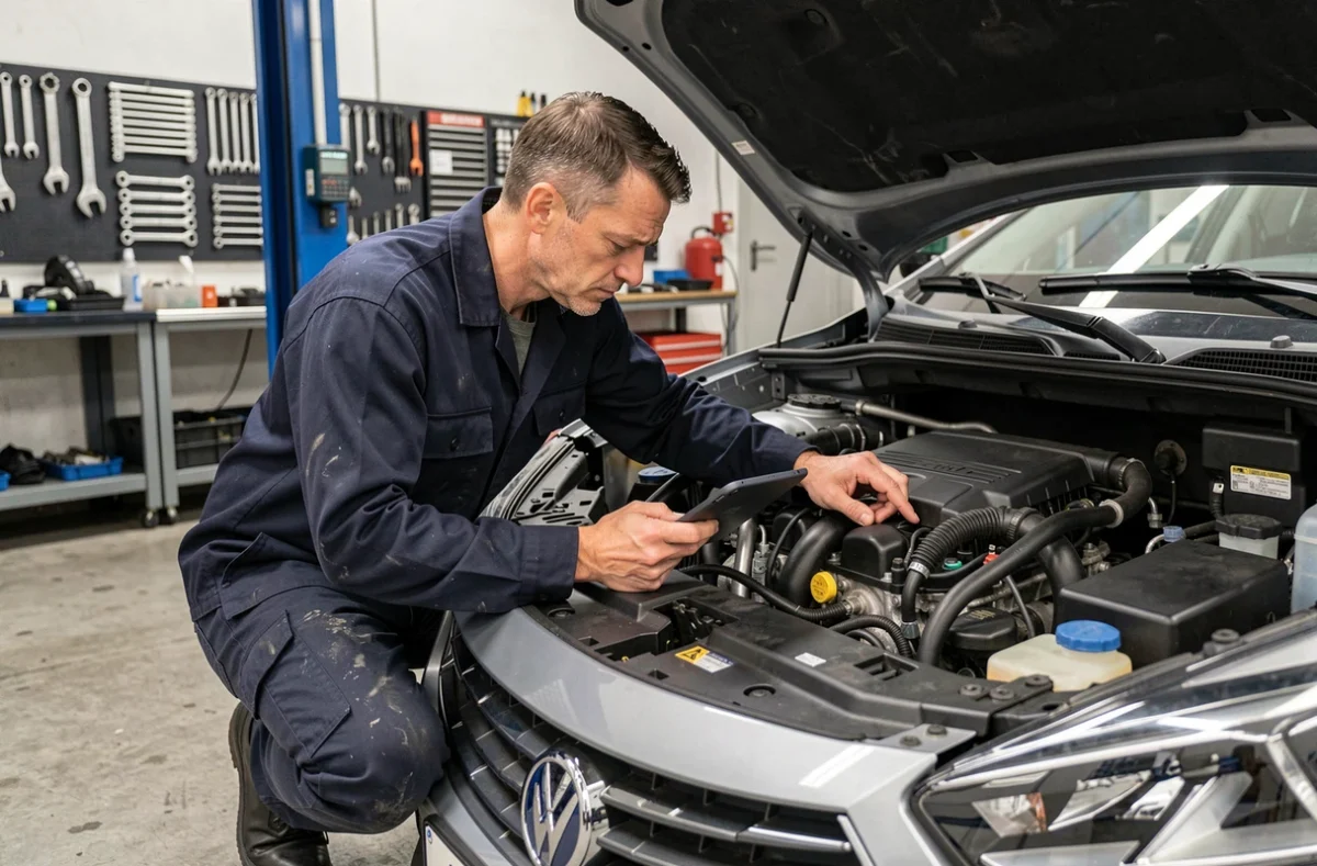 Technicien automobile examinant le moteur 1.5 BlueHDi 130 dans un garage professionnel