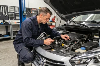 Technicien automobile examinant le moteur 1.5 BlueHDi 130 dans un garage professionnel