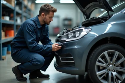Technicien automobile connectant un scanner OBD2 pour diagnostiquer le voyant moteur allumé dans un garage professionnel