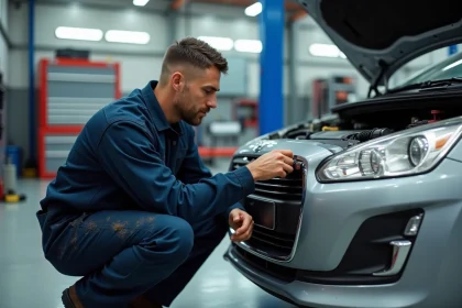 Technicien automobile inspectant le réservoir AdBlue d'une Peugeot avec un outil de diagnostic dans un garage professionnel