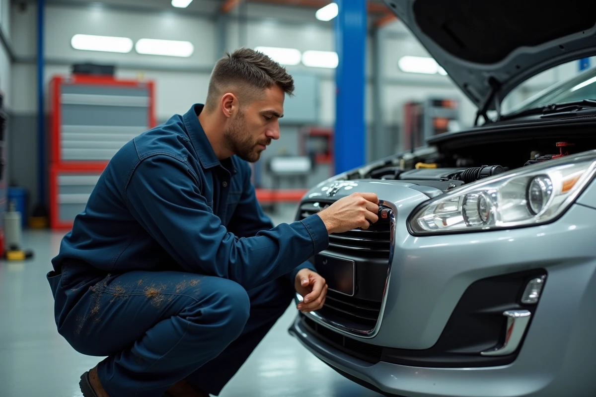 Technicien automobile inspectant le réservoir AdBlue d'une Peugeot avec un outil de diagnostic dans un garage professionnel