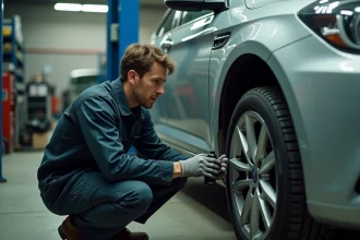 Technicien automobile inspectant le capteur ABS sur la roue avant d'une berline dans un garage professionnel