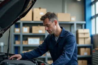 Technicien automobile en uniforme inspectant un moteur de voiture neuve dans un atelier de concessionnaire, avec des pièces d'origine constructeur en arrière-plan
