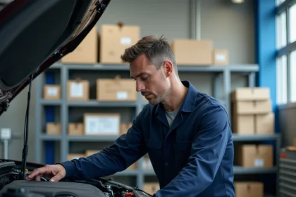 Technicien automobile en uniforme inspectant un moteur de voiture neuve dans un atelier de concessionnaire, avec des pièces d'origine constructeur en arrière-plan