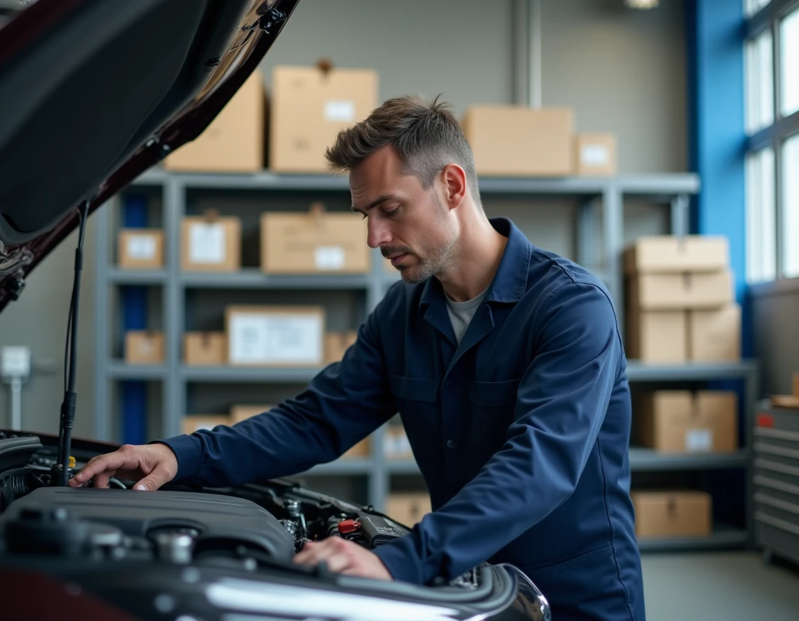 Technicien automobile en uniforme inspectant un moteur de voiture neuve dans un atelier de concessionnaire, avec des pièces d'origine constructeur en arrière-plan