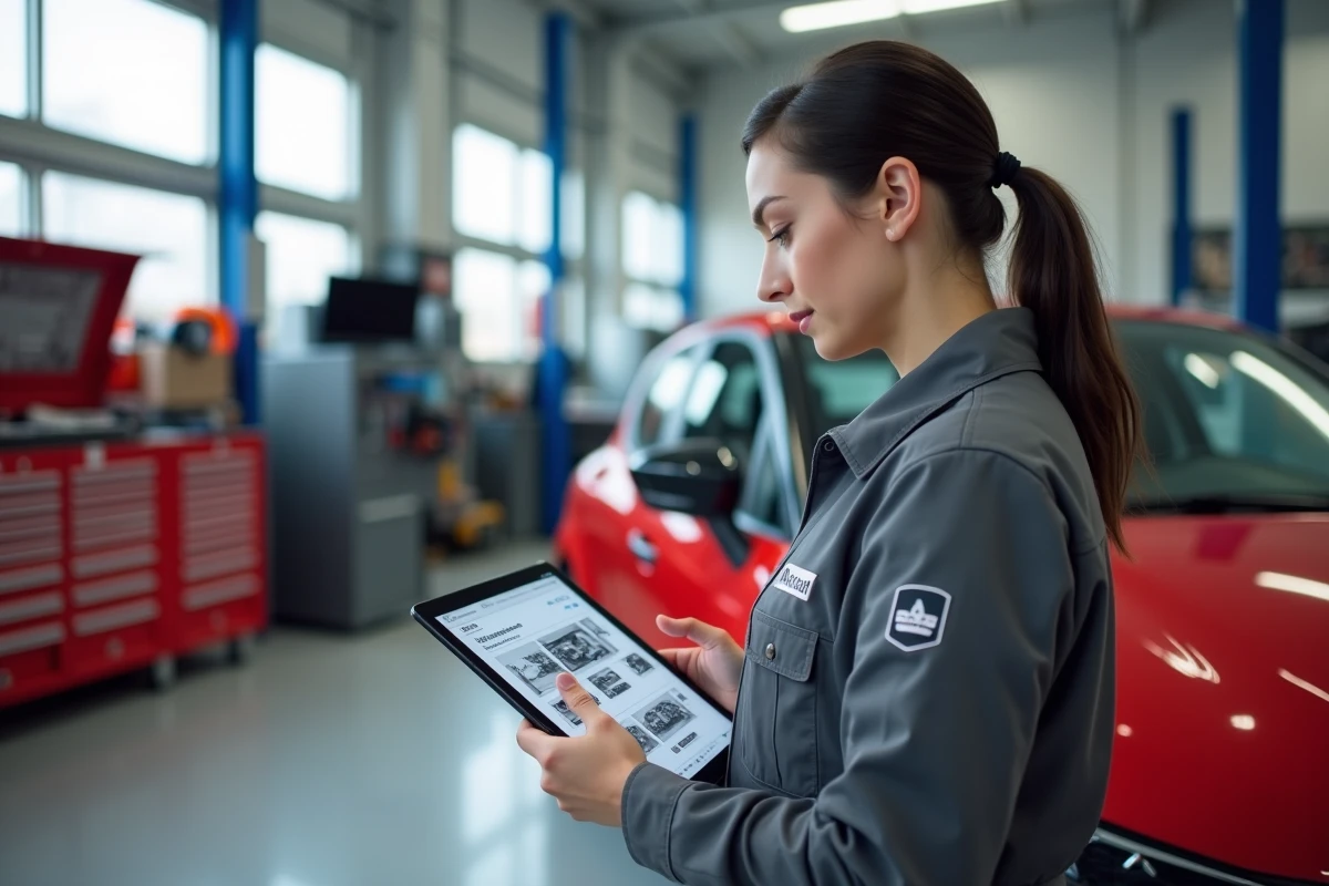 Technicienne automobile consultant le catalogue numérique New Dialogys sur tablette à côté d'une Renault Clio