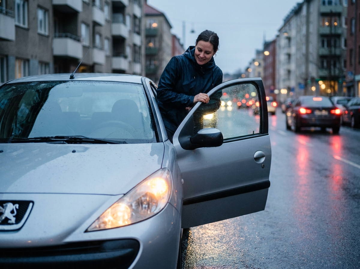 Femme vérifiant l'alignement des phares d'une Peugeot 207 dans une rue urbaine sous la pluie