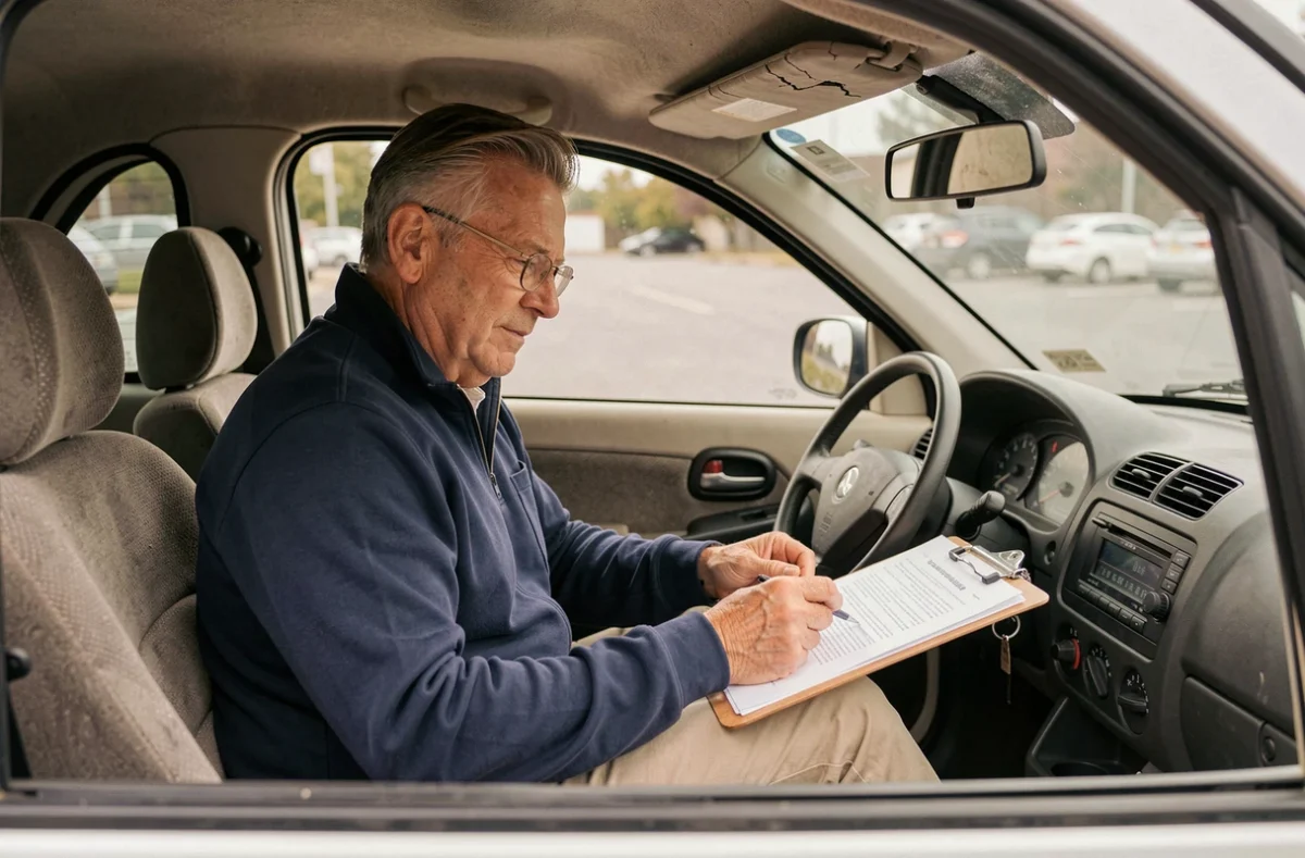 Homme vérifiant les documents d'une voiture sans permis lors d'un achat d'occasion