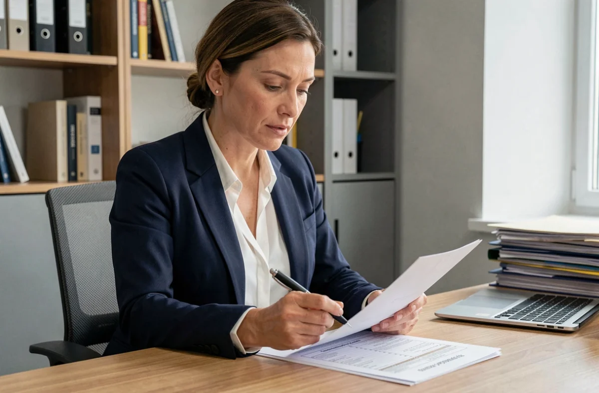 Femme professionnelle vérifiant un modèle officiel de permis sur papier imprimé dans un bureau moderne