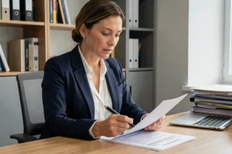 Femme professionnelle vérifiant un modèle officiel de permis sur papier imprimé dans un bureau moderne