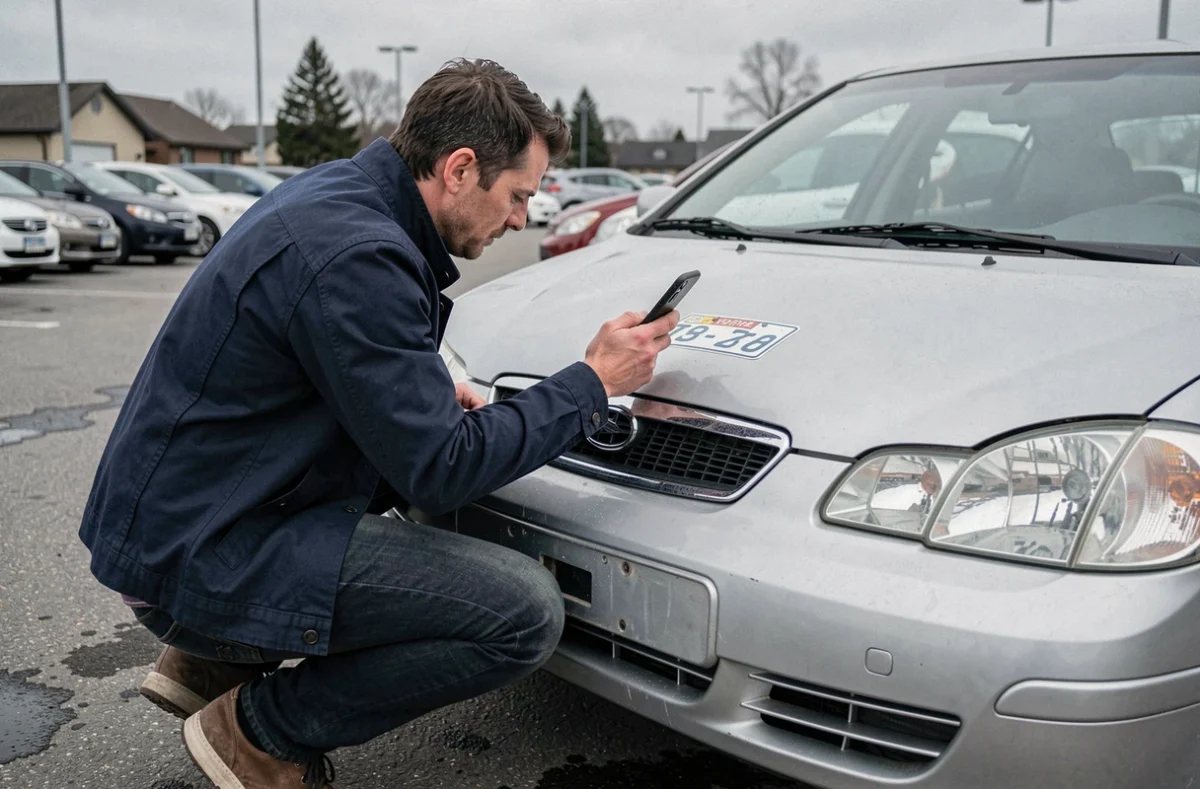Un homme vérifie le numéro VIN d'une voiture d'occasion en photographiant le tableau de bord avec son smartphone dans un parking de concessionnaire