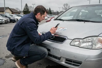 Un homme vérifie le numéro VIN d'une voiture d'occasion en photographiant le tableau de bord avec son smartphone dans un parking de concessionnaire