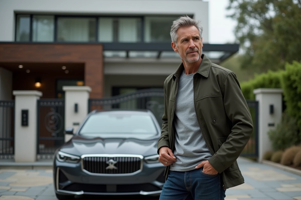 Homme posant devant une voiture de luxe et une maison privée, illustrant le style de vie et le patrimoine de Thierry Vigneau Boiserie