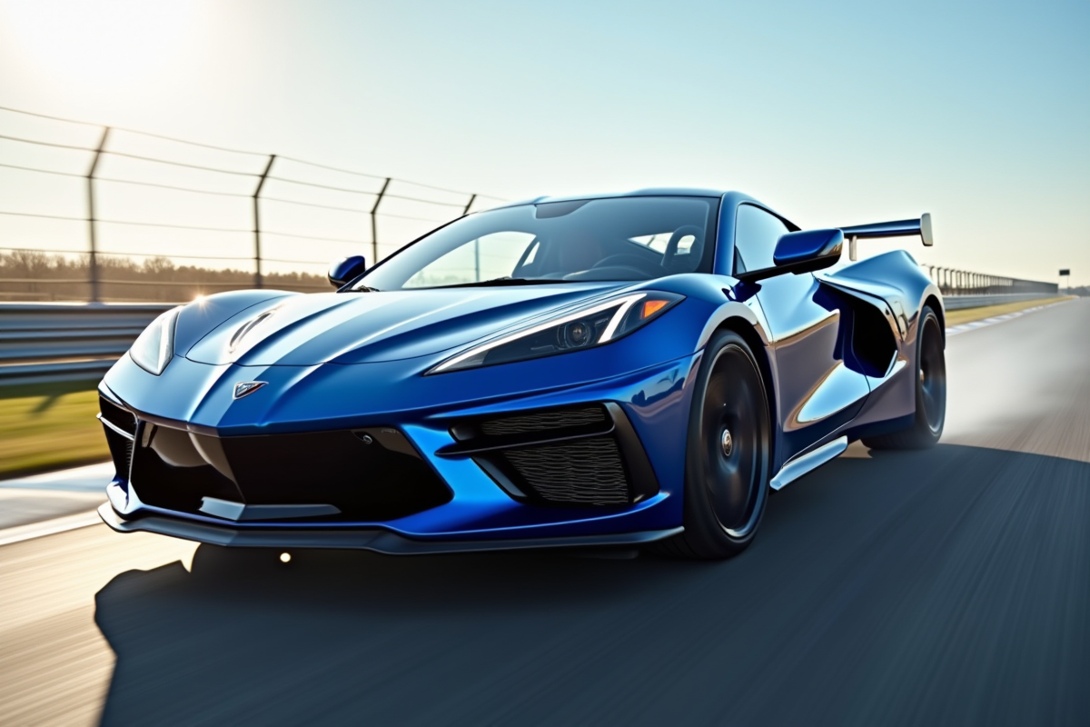 Voiture de luxe bleue en course avec effet de vitesse