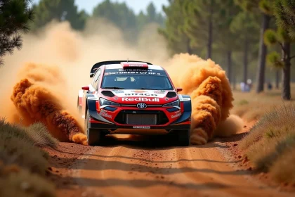 Voiture de rallye en dérapage sur une piste de terre lors d'une épreuve spéciale, nuage de poussière rouge soulevé par les roues arrière