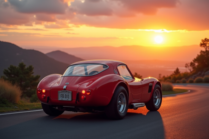 Voiture de sport rouge sur route de montagne au lever du soleil