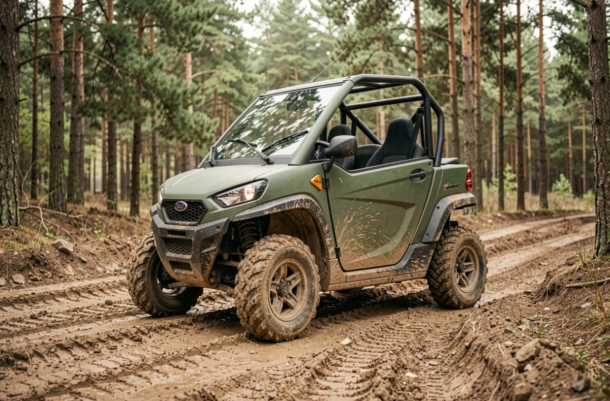 Voiture sans permis 4x4 compacte garée sur un chemin de terre en forêt avec des pneus tout-terrain et une carrosserie verte robuste