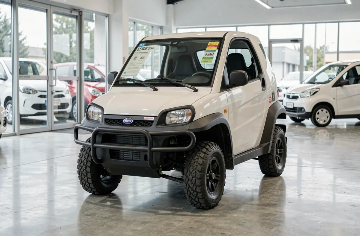 Voiture sans permis 4x4 exposée dans une concession automobile avec étiquette de prix sur le pare-brise et sol en béton poli