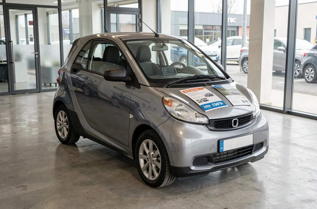 Voiture sans permis exposée dans une concession avec étiquette de prix et brochures