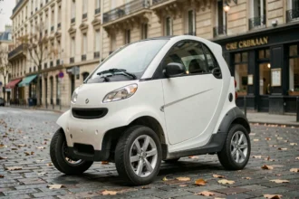 Voiture sans permis blanche garée dans une rue pavée européenne, vue de 3/4 avant, illustration du coût d'achat d'un quadricycle léger