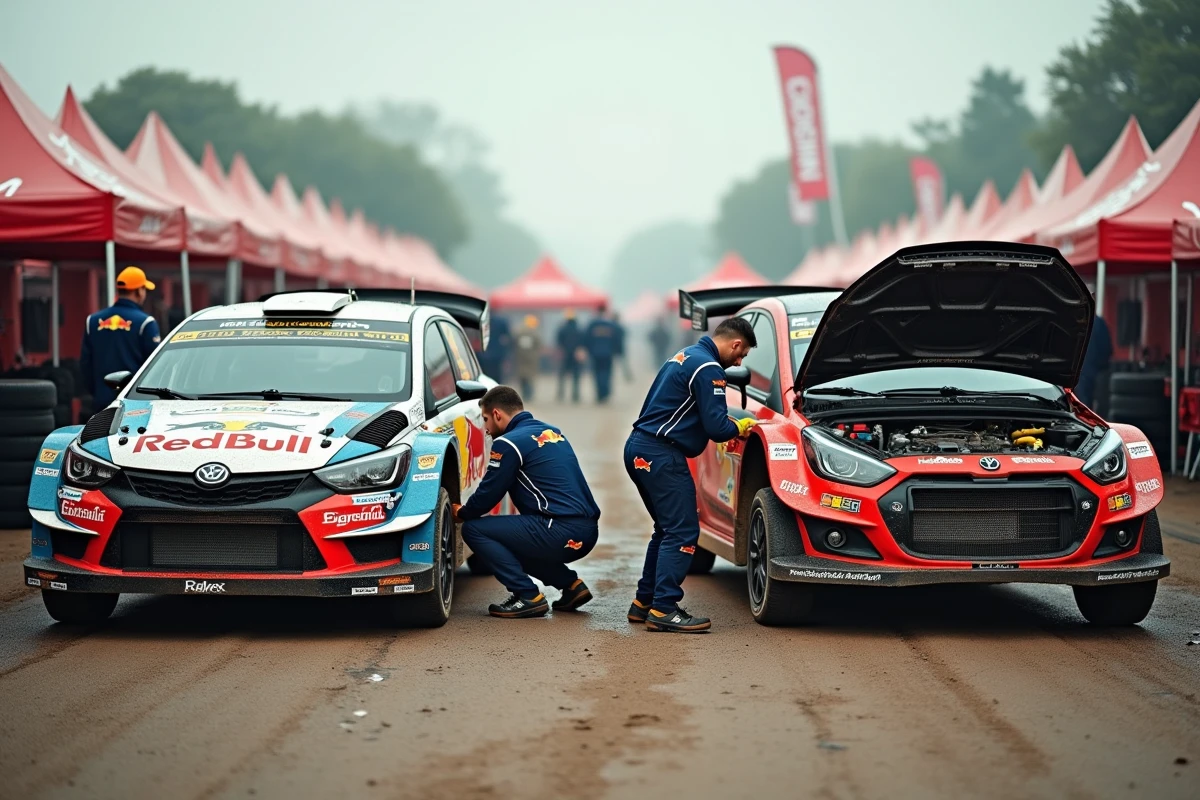 Deux voitures de rallye dans l'assistance, mécaniciens changeant les roues et inspectant le moteur dans le parc d'assistance