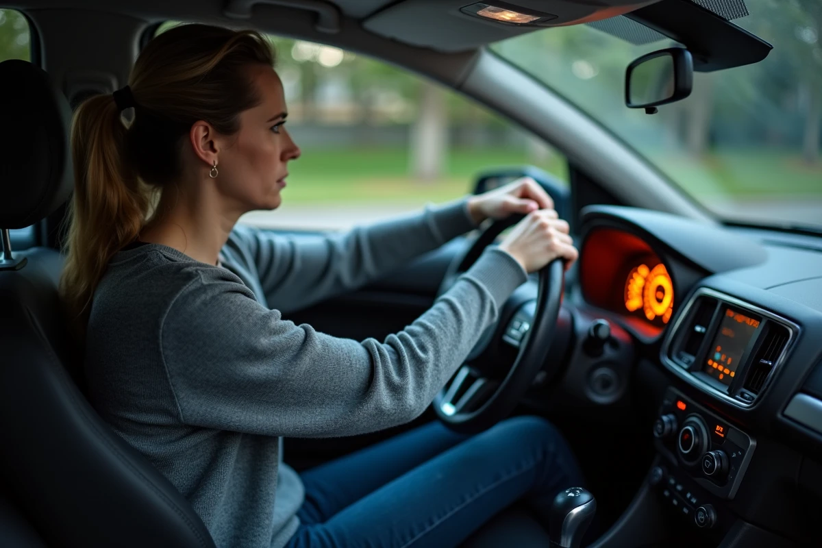 Femme inquiète regardant le voyant moteur allumé sur le tableau de bord de sa voiture