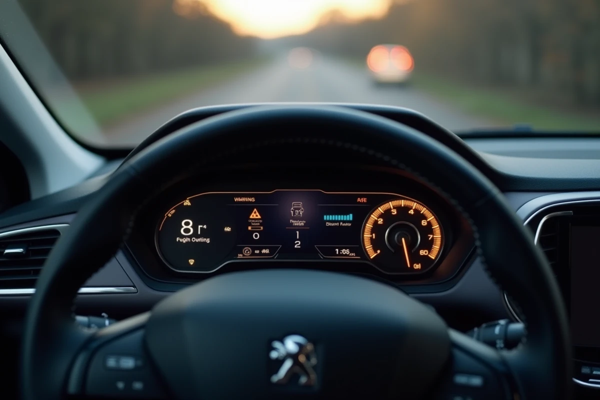 Voyants du tableau de bord d'une Peugeot 208 allumés, dont le témoin AdBlue orange, vue depuis le siège conducteur