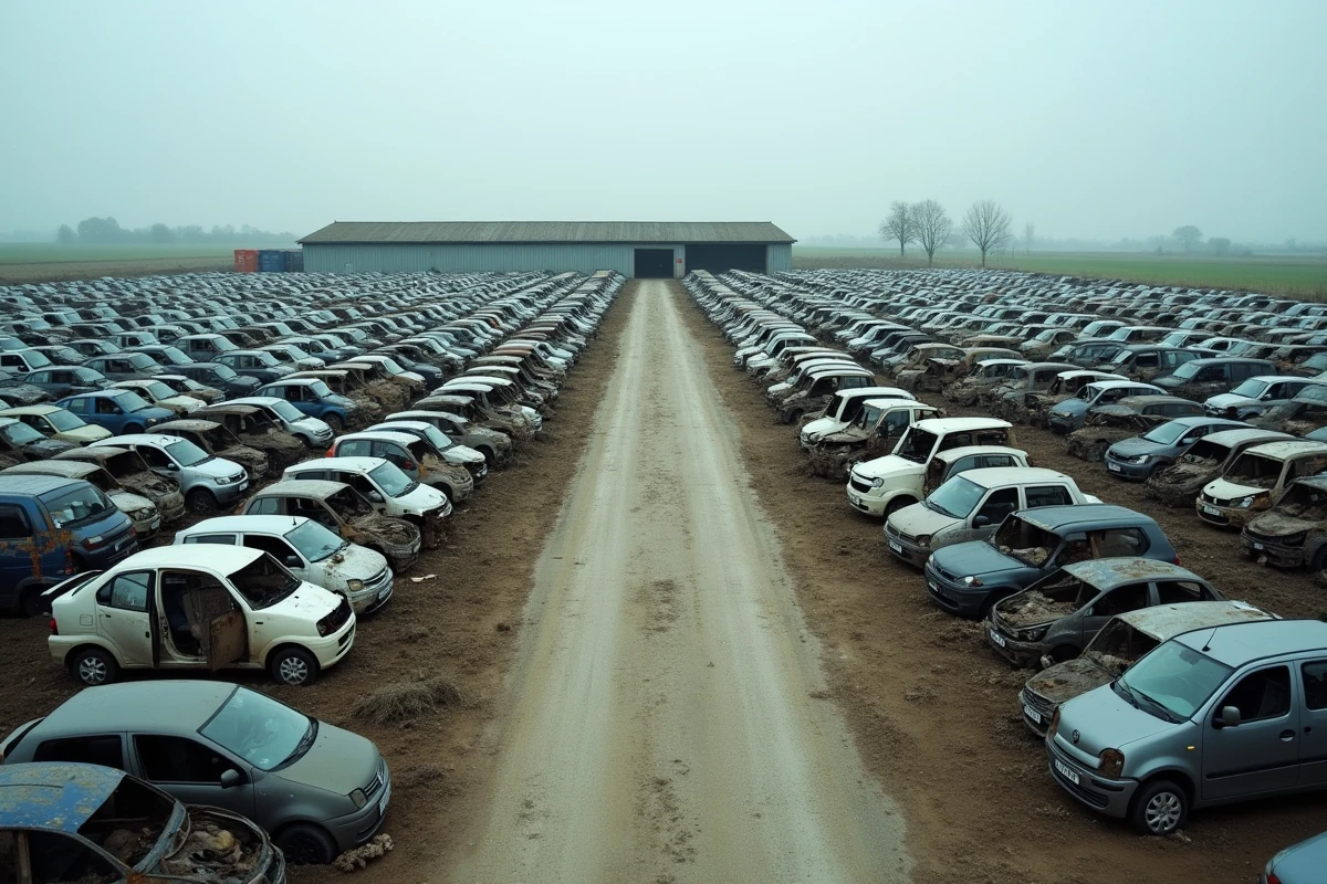 Vue aérienne d'une grande casse automobile près de Lens dans le Nord-Pas-de-Calais avec rangées de véhicules hors d'usage