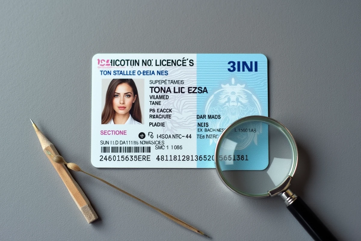 Vue aérienne d'un permis de conduire français avec loupe indiquant le champ de la date de délivrance