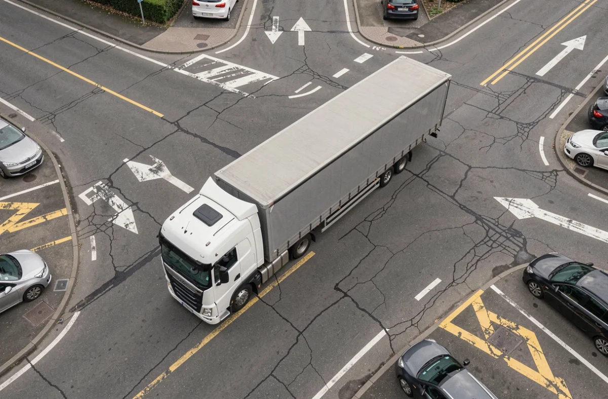 Vue aérienne d'une semi-remorque 44 tonnes en train de négocier un carrefour, illustrant la largeur et la longueur du convoi